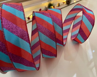 1.5” Multicolor Striped Glitter Wired Ribbon #7442 - Perfect for Gift Wrapping, Wreaths, Decor & Much More! - Sold By The Yard