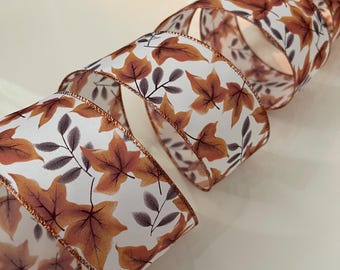 2.5” Watercolor Fall Leaves Wired Ribbon: Brown, Orange, White - Sold By The Yard