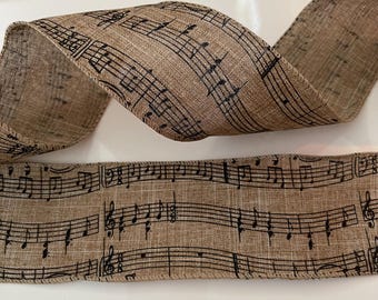 2.5” Beige & Black Music Note Wired Ribbon - Sold By The Yard