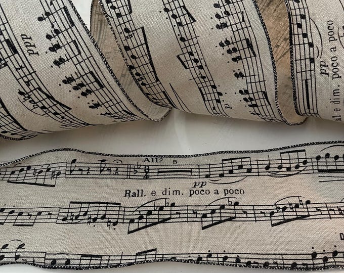 4” Music Note Wired Ribbon: Black & Cream - Sold By The Yard