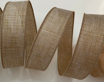 1.5” Beige & Gold Wired Ribbon - Sold By The Yard