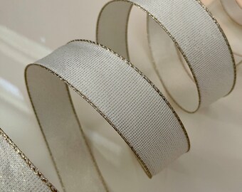1.5” Cream & Gold Wired Ribbon - Sold By The Yard