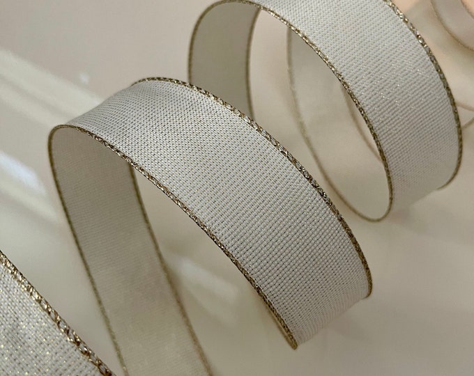1.5” Cream & Gold Wired Ribbon - Sold By The Yard