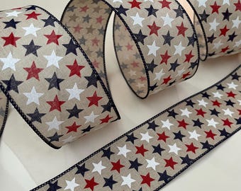 2.5” Red, White Glitter, & Blue, Stars Wired Ribbon