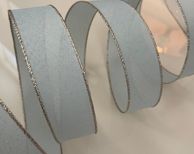 1.5” Light Blue Wired Ribbon With Soft Silver Sparkles Throughout - Sold By The Yard