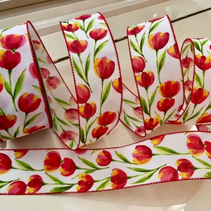 2.5” Red & Yellow Watercolor Tulips Wired Ribbon #712