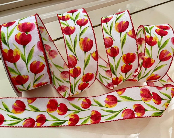 2.5” Red & Yellow Watercolor Tulips Wired Ribbon #712 - Sold By The Yard