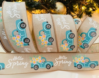 2.5” Floral Truck Wired Ribbon: Blue & Beige #801 - Sold By The Yard