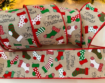 2.5" Christmas Stockings Wired Ribbon #328 - 10 Yard Roll