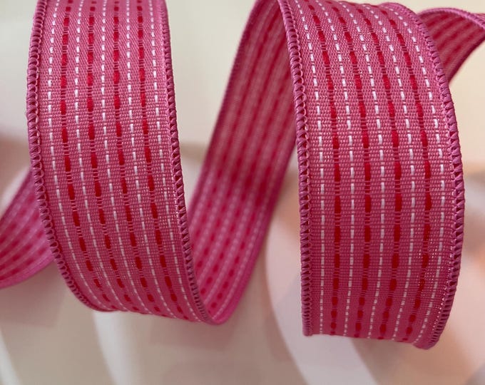 1.5” Red, Pink, & White Embroidered Stripes Wired Ribbon