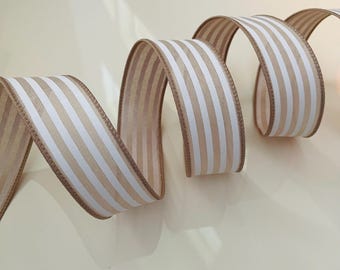 1.5” Beige & White Striped Wired Ribbon - Sold By The Yard