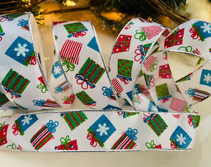 1.5" Colorful Sparkle Christmas Presents Wired Ribbon #42 - 10 Yard Roll