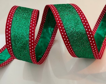 1.5” Glittery Green Wired Ribbon With Red & White Polka Dot Trim #761 - Sold By The Yard