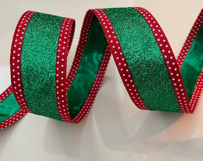 1.5” Glittery Green Wired Ribbon With Red & White Polka Dot Trim #761 - Sold By The Yard