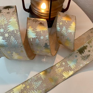 2.5” Beige Wired Ribbon with Golden Trees & Snowflakes #7432