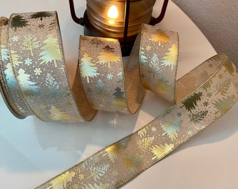 2.5” Beige Wired Ribbon with Golden Trees & Snowflakes #7432 - Sold By The Yard