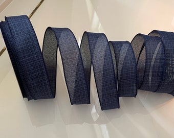 1.5” Navy Blue Wired Ribbon Mixed with a Lighter Blue Throughout - Sold By The Yard