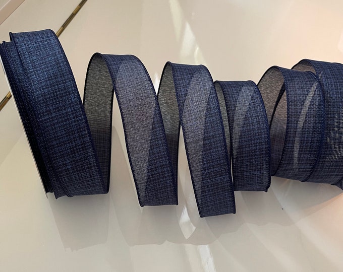 1.5” Navy Blue Wired Ribbon Mixed with a Lighter Blue Throughout - Sold By The Yard