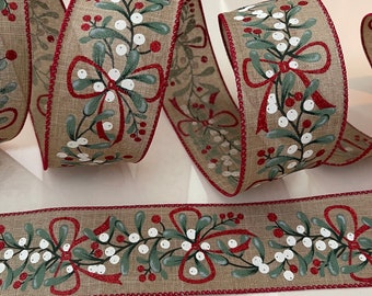 2.5” Christmas Holly Wired Ribbon: Red Glitter, White, Green, Beige - Sold By The Yard
