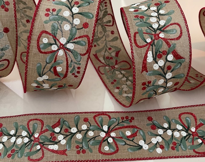 2.5” Christmas Holly Wired Ribbon: Red Glitter, White, Green, Beige - Sold By The Yard