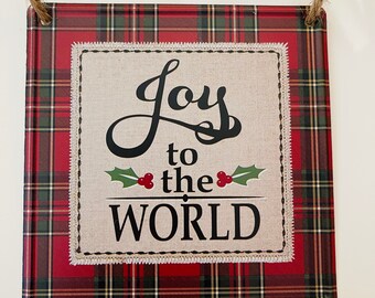 5” Square Tin Joy To The World Christmas Plaid Wreath Sign - Perfect for Adding the Finishing Touch to your Wreath