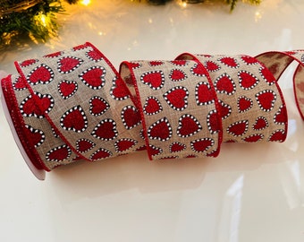 10 Yard Roll - 2.5” Burlap Sparkle Heart Wired Ribbon #822