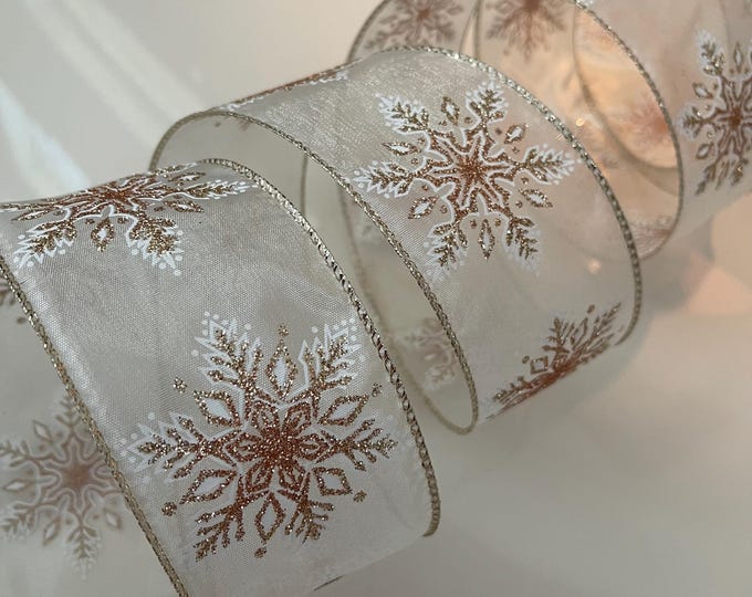 2.5” Glittery Copper Snowflakes Sheer Wired Ribbon