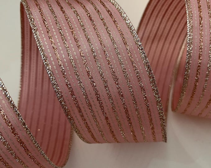 2.5” Rose Gold Glitter Stripes Wired Ribbon