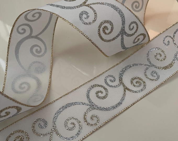 2.5” Gold & Silver Glitter Swirls Wired Ribbon