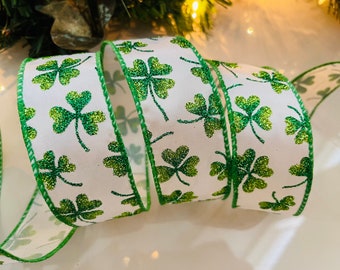 1.5” Glittery Clovers Wired Ribbon - Perfect for Gift Wrapping, Wreaths, Decor & Much More! - Sold By The Yard