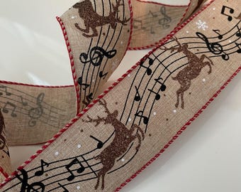 10 Yards - 2.5” Christmas Reindeer & Music Notes Wired Ribbon: Beige, Black, White, Red, Brown Glitter #961