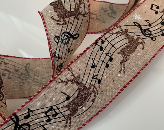 10 Yards - 2.5” Christmas Reindeer & Music Notes Wired Ribbon: Beige, Black, White, Red, Brown Glitter #961