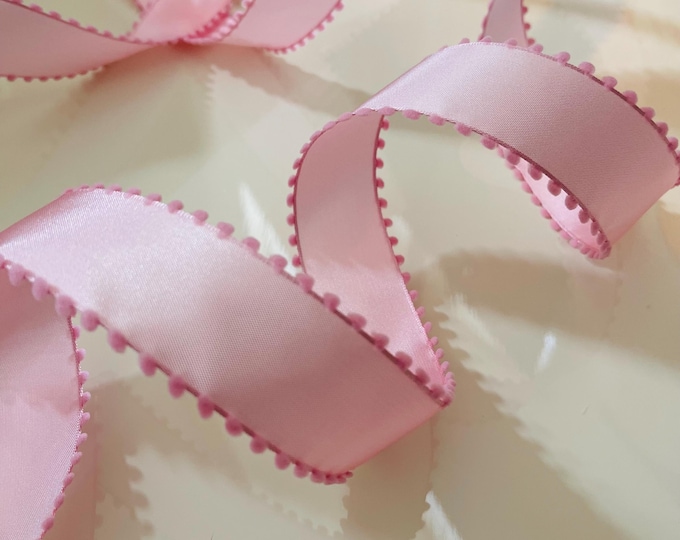 1.5” Satin Pink Wired Ribbon with Pom Pom Edge #767
