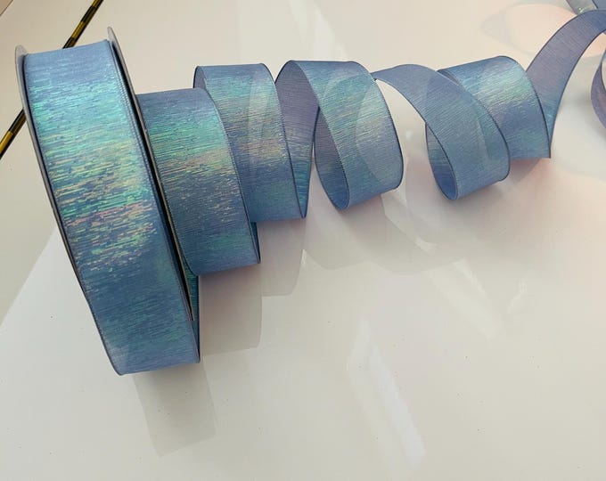 1.5” Iridescent Blue Wired Ribbon