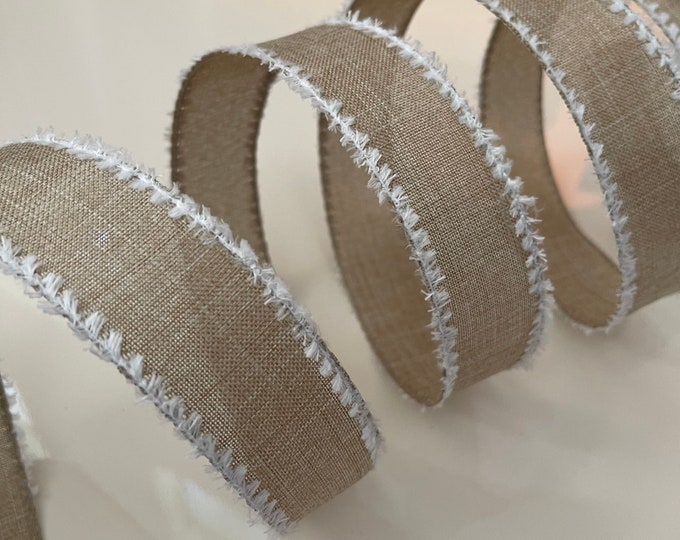 1.5” Beige Wired Ribbon With White Fuzzy Edge #736 - Sold By The Yard
