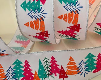 2.5” Colorful Christmas Trees Wired Ribbon - Sold By The Yard