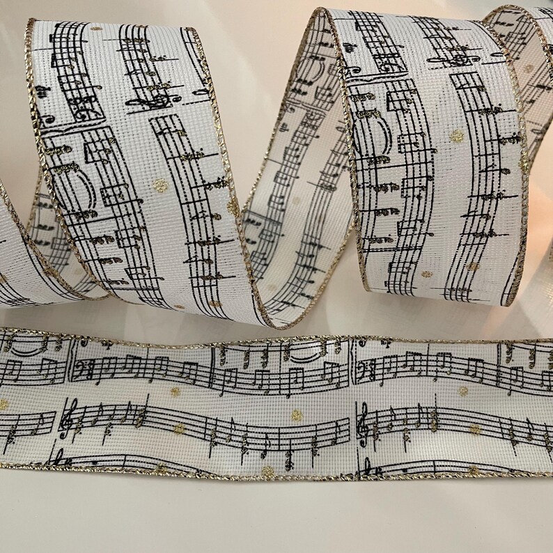 Music Note Ribbon Pattern 2.5” Music Note Wired Ribbon: Black, Cream, Gold #926 - Sold by the ...