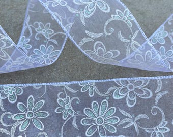 2.5” White Glitter Flowers Lacy Pattern Wired Ribbon - Sold By The Yard