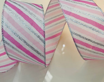 2.5” Pink & Silver Glitter Stripe Wired Ribbon #246 - Sold By The Yard
