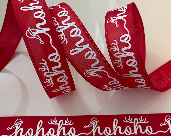1.5” Red & White Glittery “ Ho Ho Ho “ Wired Ribbon