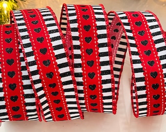10 Yard Roll - 1.5” Striped Sparkle Heart Wired Ribbon #9420