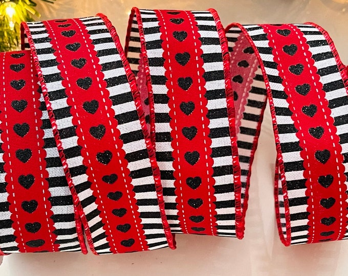 10 Yard Roll - 1.5” Striped Sparkle Heart Wired Ribbon #9420