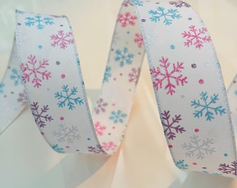 1.5” Glitter Snowflakes Wired Ribbon: Pink, Purple, Blue, White #221 - Sold By The Yard