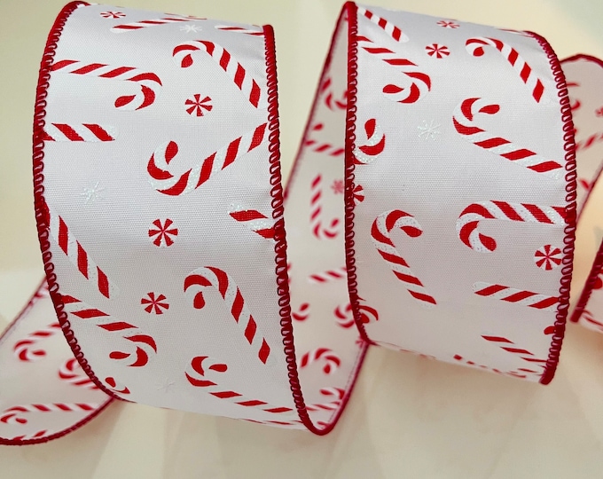 2.5” Red & White Candy Cane Wired Ribbon - Sold By The Yard
