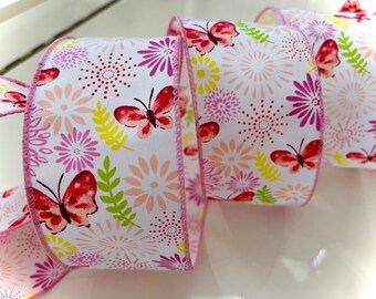 2.5” Whimsical Floral Butterflies Wired Ribbon: Pink, Peach, Yellow, Green, White #274 - Sold By The Yard