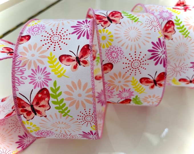 2.5” Whimsical Floral Butterflies Wired Ribbon: Pink, Peach, Yellow, Green, White #274 - Sold By The Yard