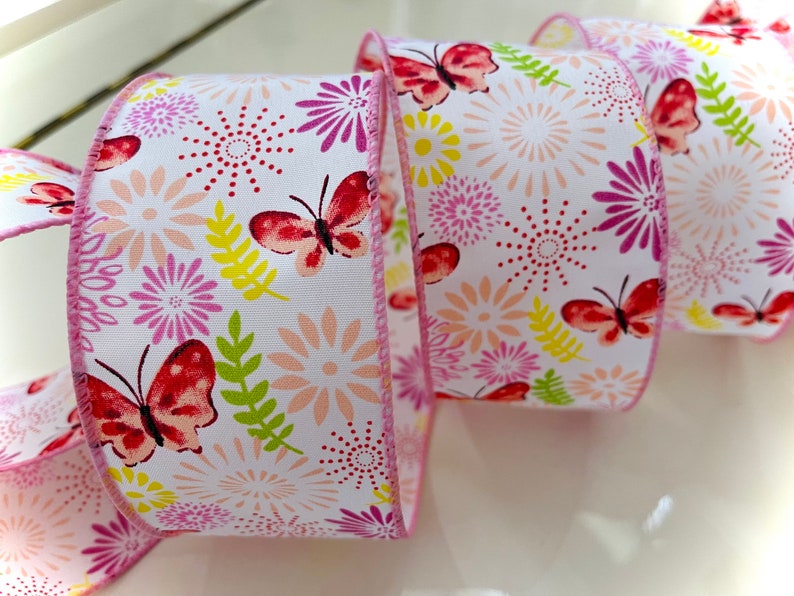 2 Butterfly Ribbons 2.5” Whimsical Floral Butterflies Wired Ribbon: Pink, Peach, Yellow ...