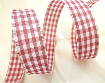 1.5” Creamy White & Mauve Gingham Wired Ribbon - Sold By The Yard