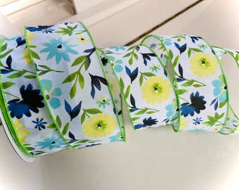 2.5” Blue, Yellow, & Green Floral Wired Ribbon With Green Trim #3118 - Sold By The Yard