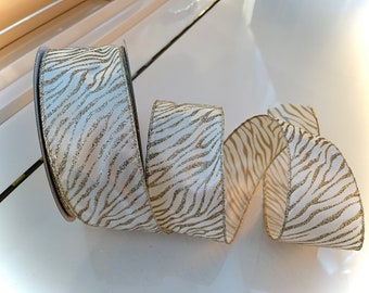 2.5” Zebra Pattern White & Gold Sparkle Wired Ribbon #236 - Sold By The Yard